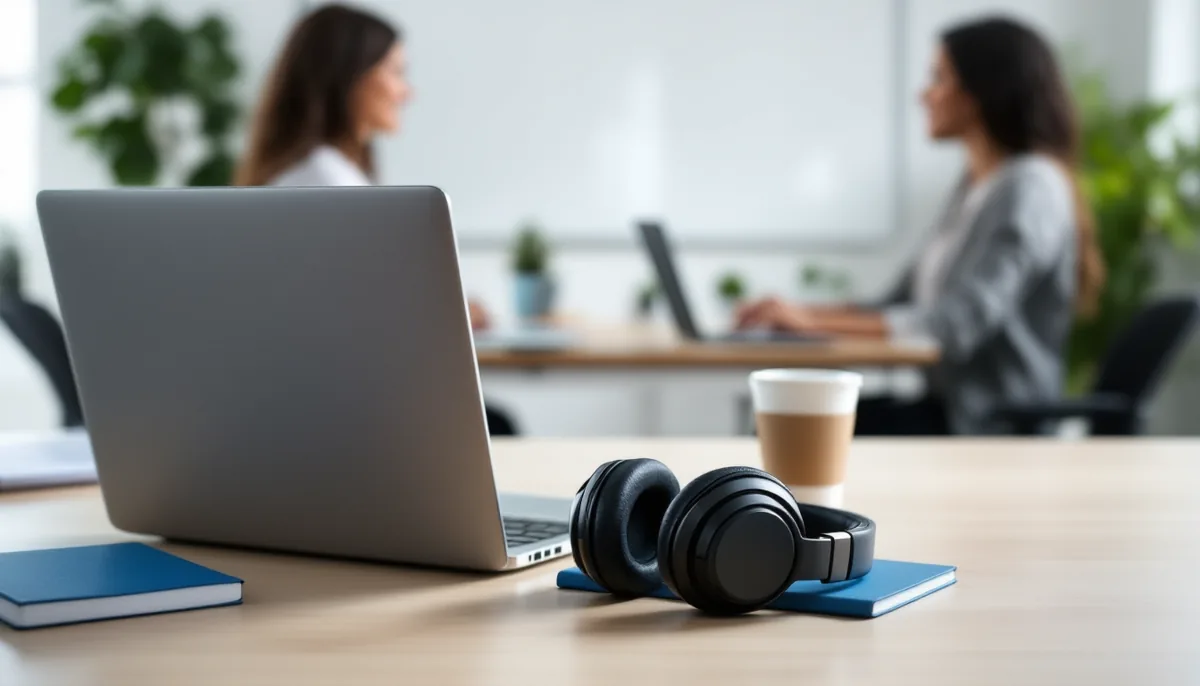 A laptop and headphones on a wooden office desk, with two colleagues talking in the blurred background.